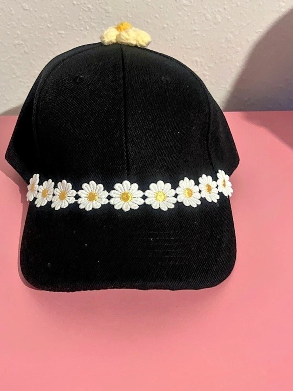 Floral Pom-Pom Baseball Cap Black & White Like New